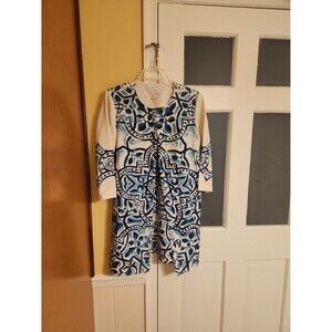 Chico's Cream Linen Blue Print Light Open Jacket 3/4 Sleeves Size 1 US 8